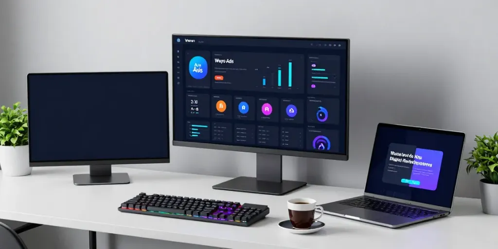 Wayo Ads analytics dashboard on a developer's desk with modern technology.