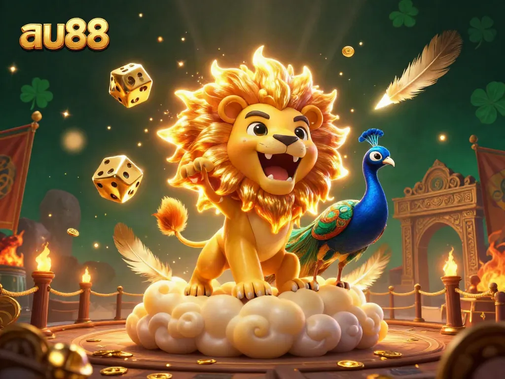 Experience the vibrant thrill of au88 with golden lion, dynamic dice, and casino elements.