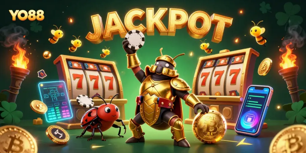 Engage with YO88's thrilling casino experience featuring a victorious beetle in action.