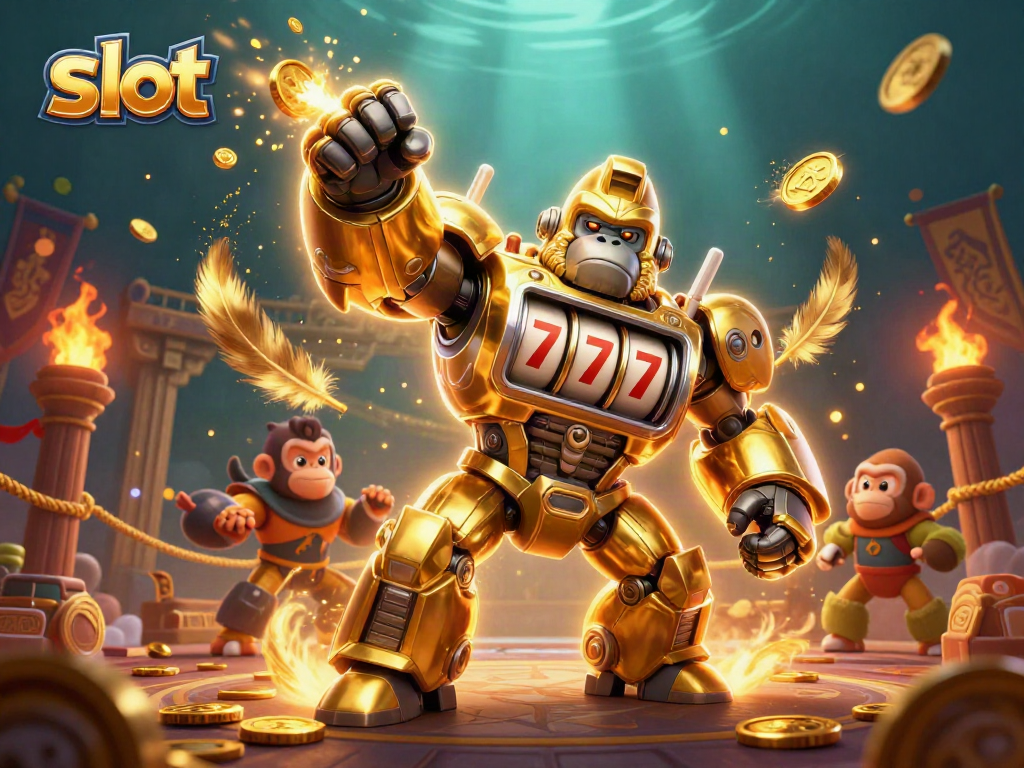 Engage with thrilling slot gameplay featuring a powerful gorilla mech and vibrant casino elements.