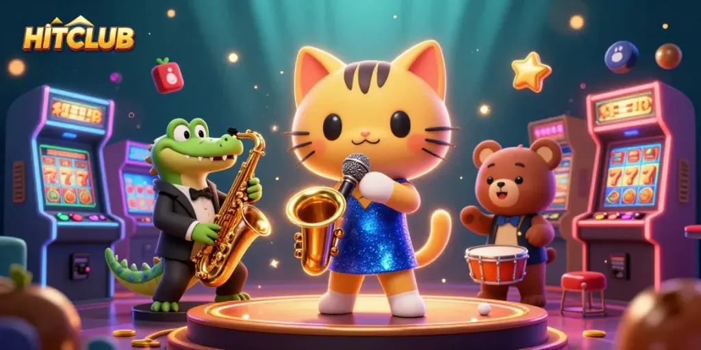 Engage in HITCLUB gaming action with a colorful casino scene featuring jazz musicians and vibrant slot machines.