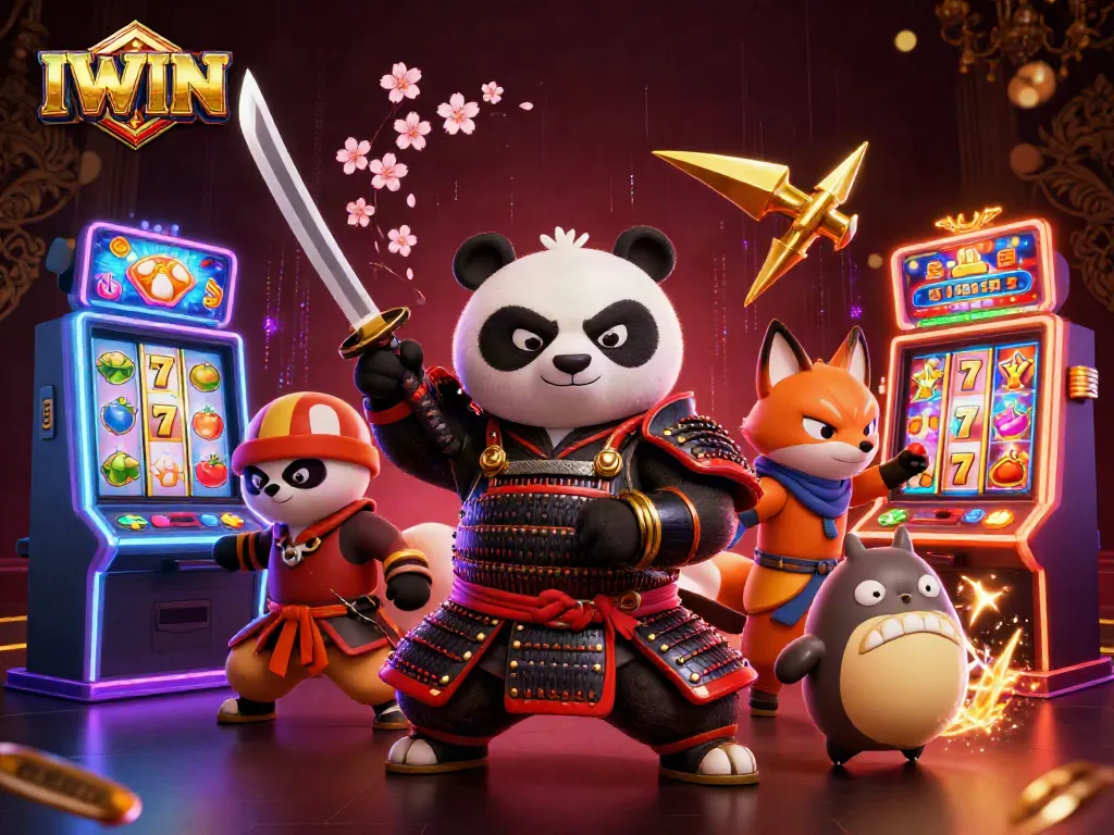 IWIN enchants players with a vibrant scene featuring samurai panda and ninja fox in a dynamic casino setting.