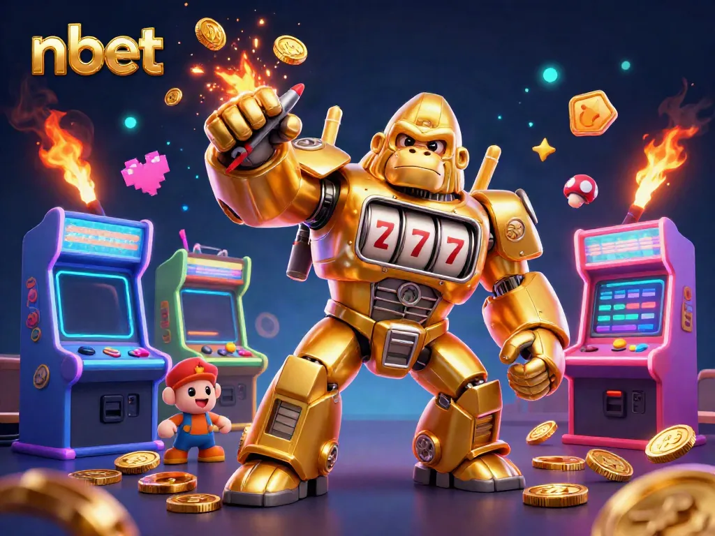Engage with nbet's thrilling 3D slot machine action featuring a golden gorilla mech and lively game elements.