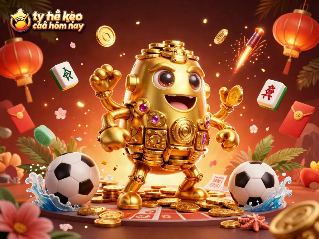 Engage with tỷ lệ kèo nhà cái hôm nay featuring a lively 3D scene of sports betting and golden lucky elements.