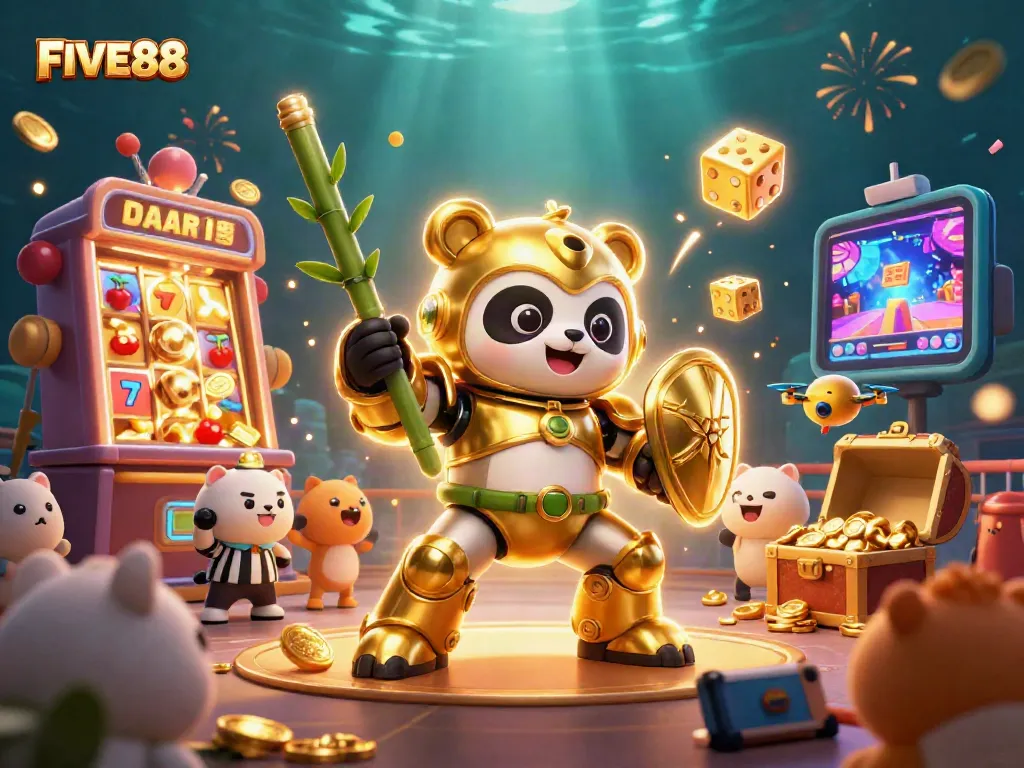 Experience thrilling jackpots with FIVE88 in this exciting casino-themed illustration.