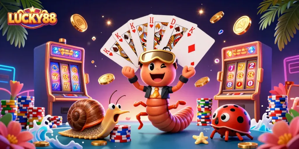Engage with the LUCKY88 slot experience, featuring colorful characters in a dynamic casino scene.