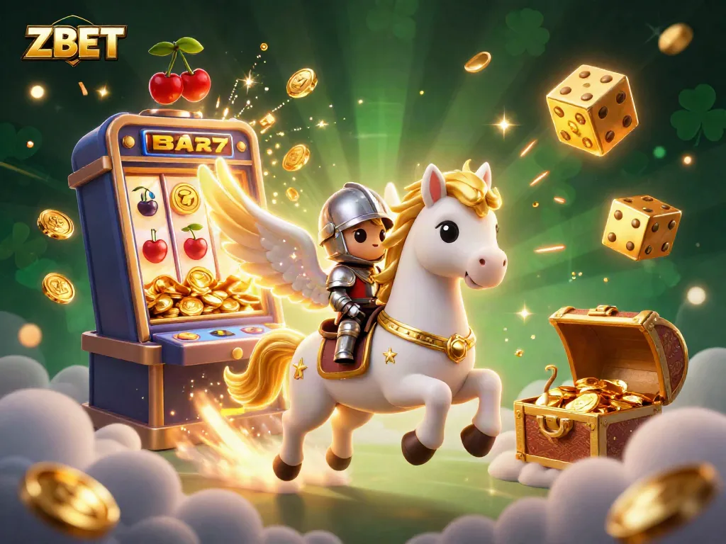 ZBET offers thrilling jackpots with a vibrant scene of celestial characters and slot machines amidst winning symbols.