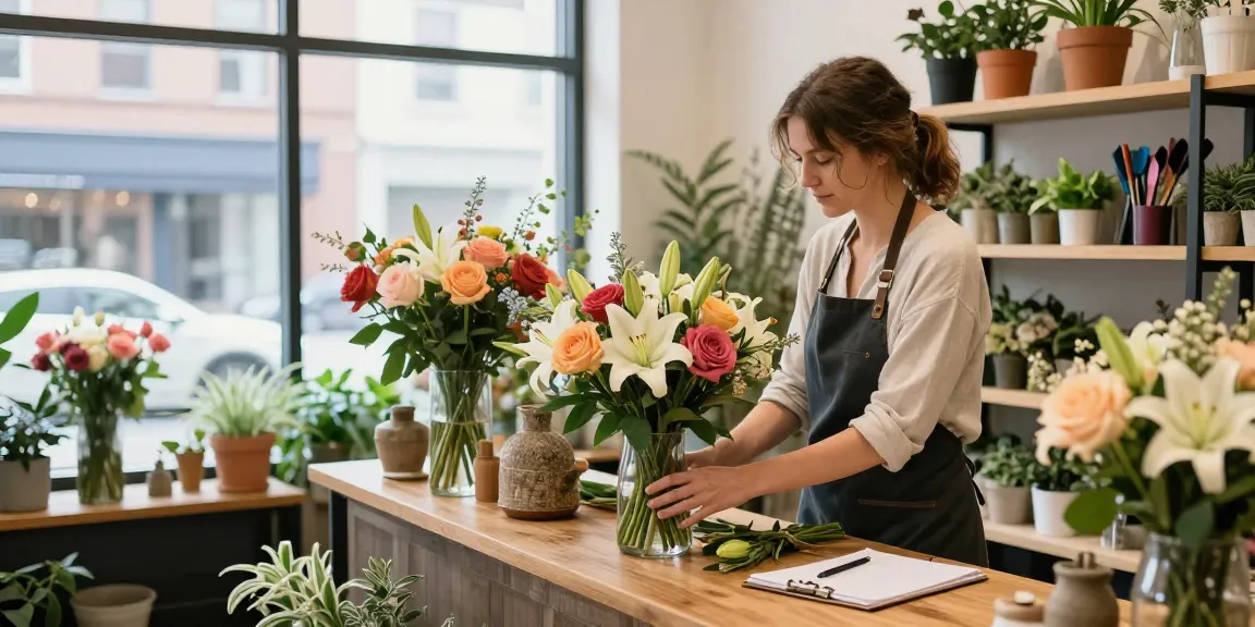 Online flower shop Edmonton florist arranging vibrant seasonal blooms in a charming urban shop setting.