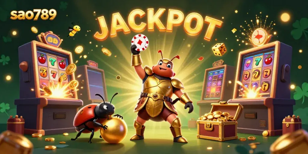 Experience thrilling wins at sao789 with a 3D scene depicting a beetle hero celebrating a jackpot.