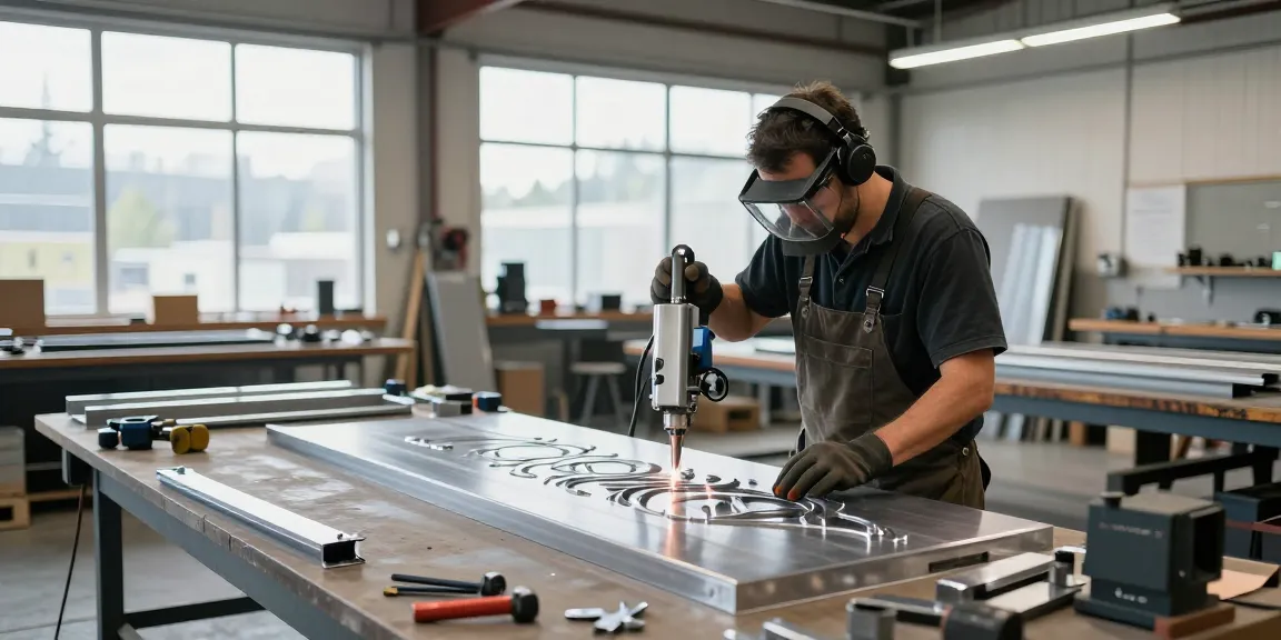 Custom metalwork vancouver craftsman working with plasma cutter in a bright workshop.