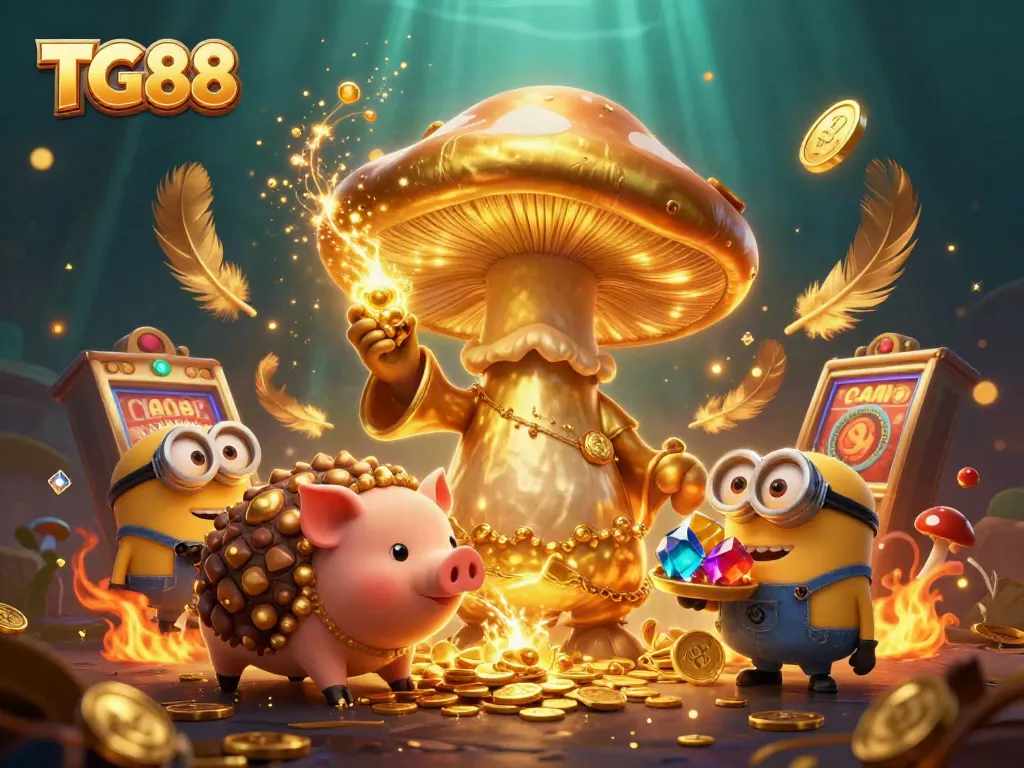 Engaging TG88 online casino scene with a wizard, pig, and minions showcasing gold treasures.