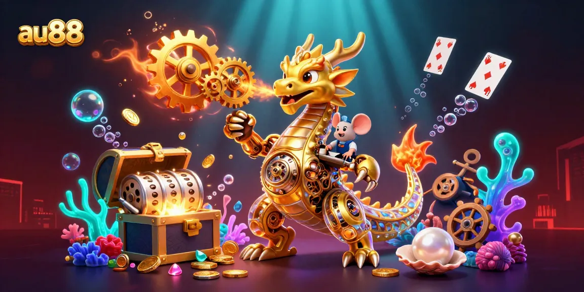 Play slots and win big at au88 with a vibrant, dynamic scene featuring a golden dragon and treasure.
