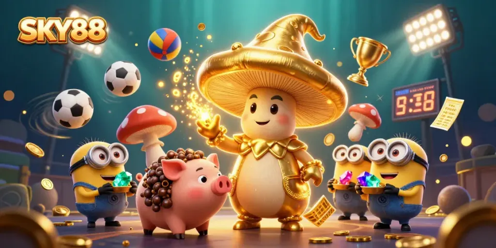 Engage with SKY88's dynamic betting excitement featuring magical illustrations and vibrant sports elements.