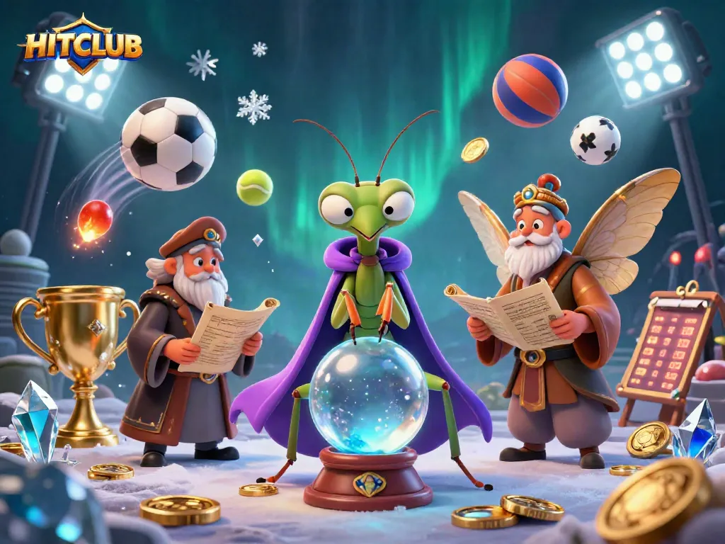 Engage with HITCLUB's mystical fortune teller and wise librarian amidst dynamic sports elements.