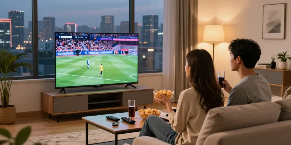 Couple streaming IPTV content on Smart TV in cozy living room.