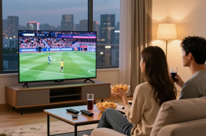 Couple streaming IPTV content on Smart TV in cozy living room.