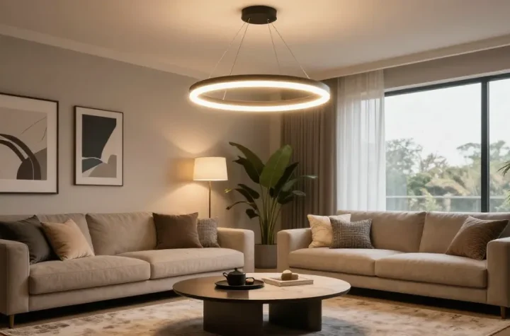 Scenă elegantă de living cu candelabru LED, aducând stil și confort.