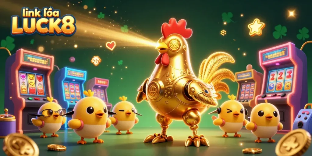 Experience winning excitement with link vào LUCK8, featuring a vibrant casino scene of 3D characters and flashy game elements.