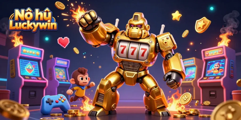 Nổ hũ Luckywin attracts players with dynamic spinning reels and jackpot excitement in a vibrant casino scene.