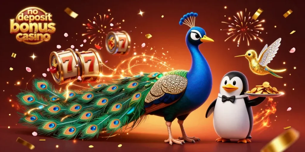 Experience the thrill at a no deposit bonus casino with vibrant characters and slot reels spinning.