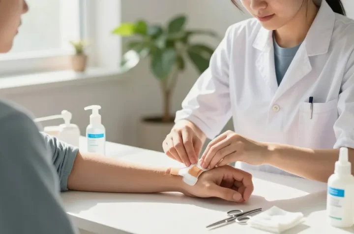 Applying bandage adhesive in a clinic, showcasing effective wound care.